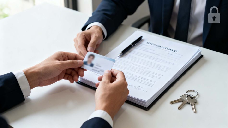 Hands verifying an ID card on a conveyancing desk with settlement paperwork, pen and house keys, plus a padlock security icon